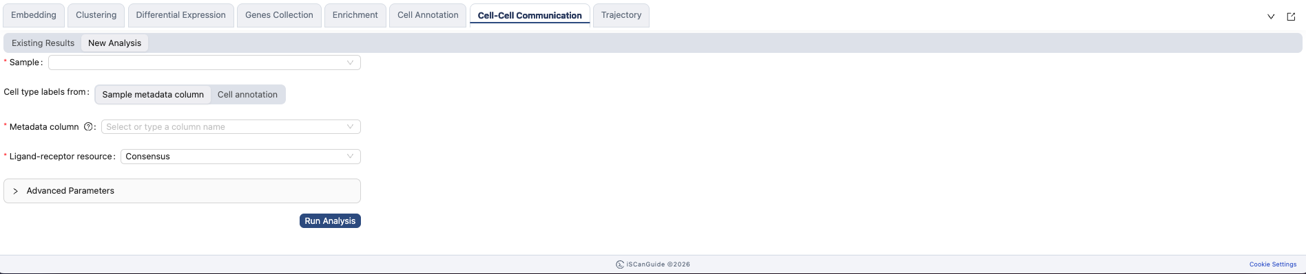 Cell-Cell Communication, step 2: Start a new analysis