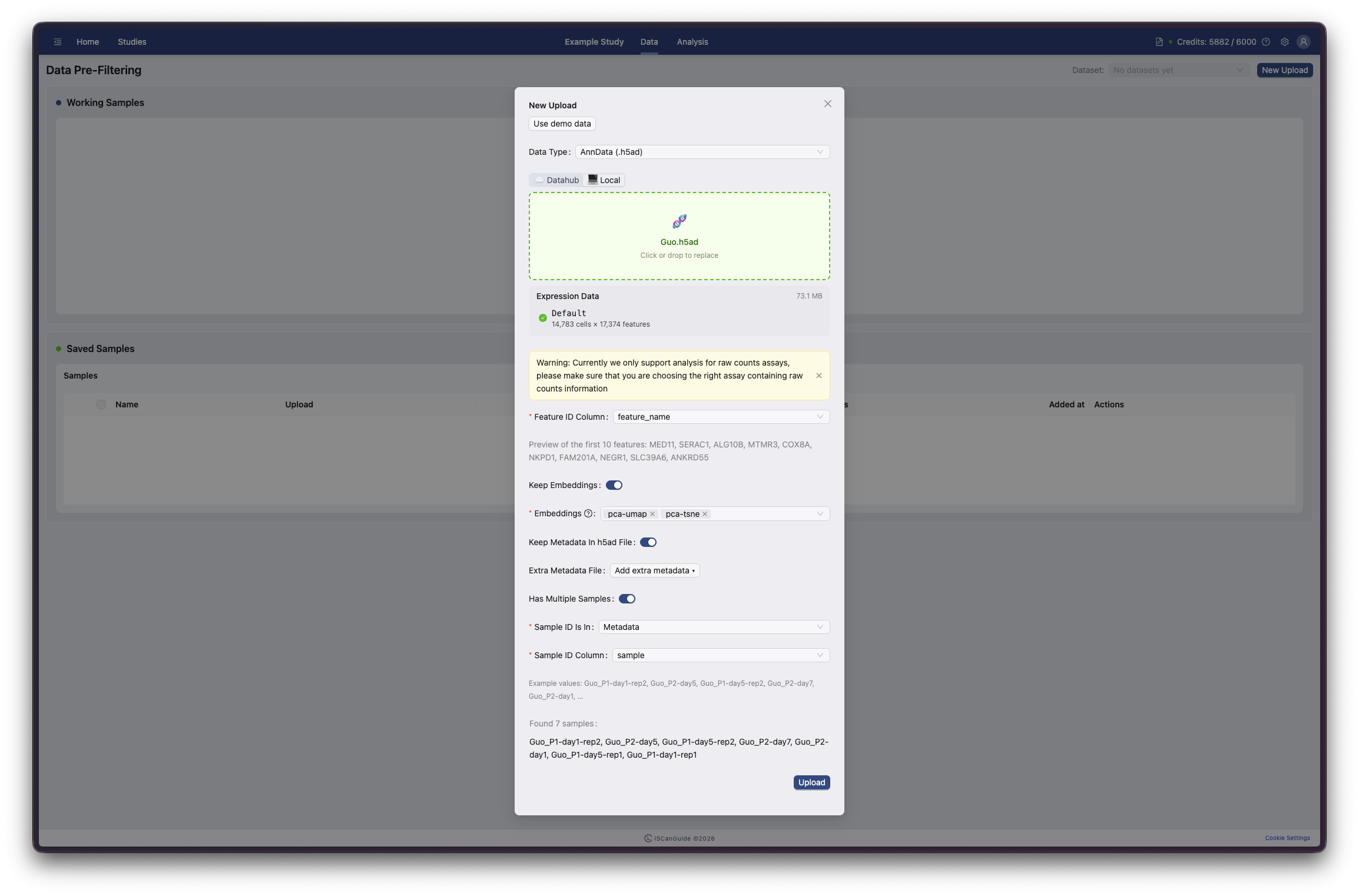 Create Study and Upload Data, step 11: AnnData options