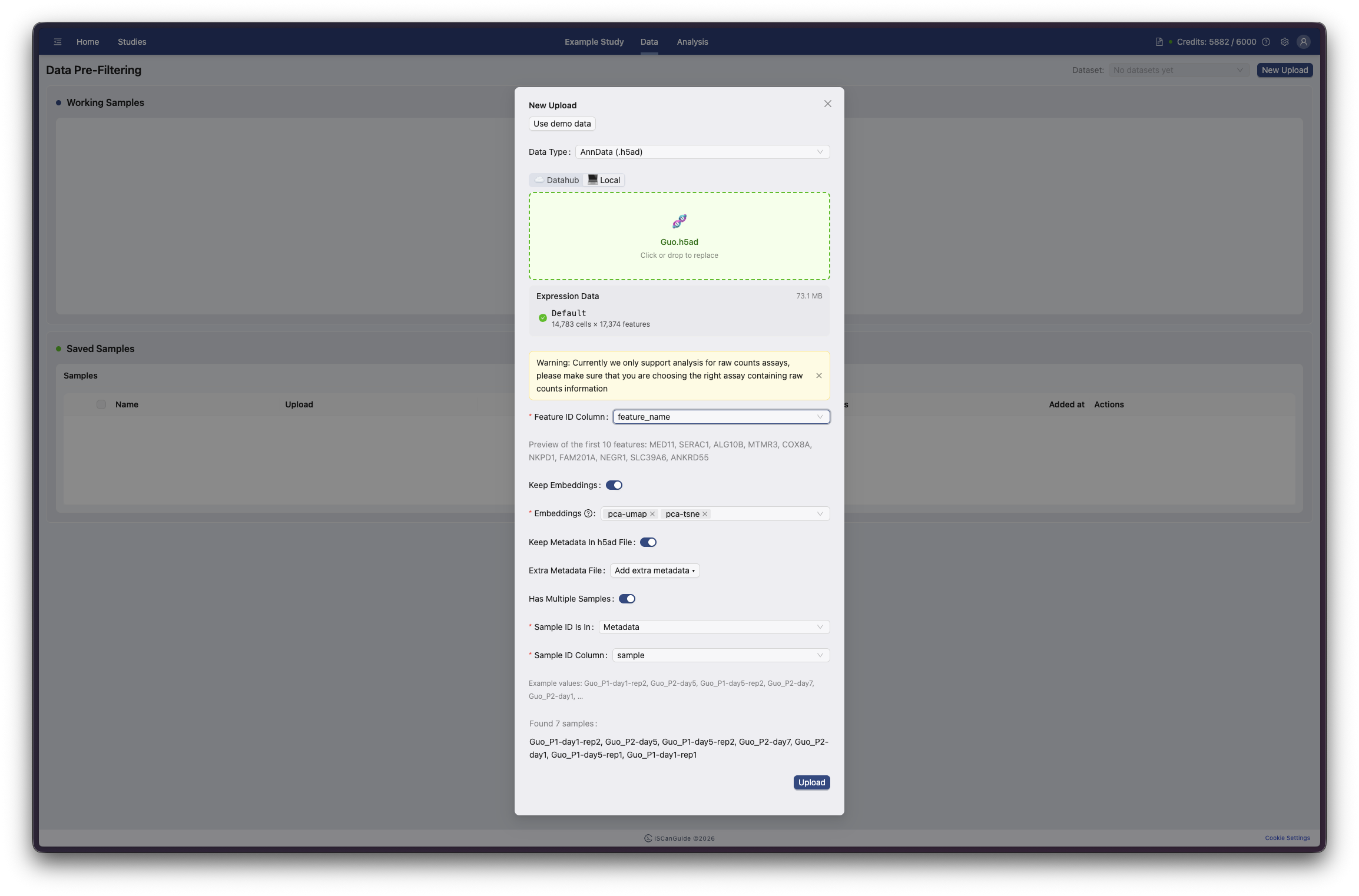 Create Study and Upload Data, step 10: Uploading multiple samples