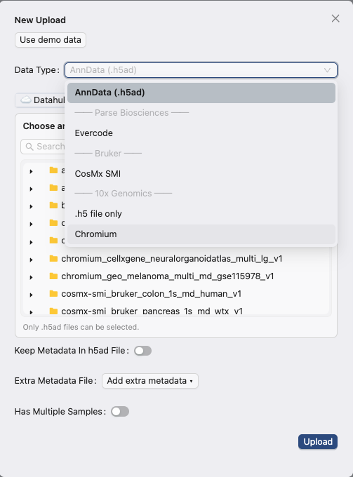 Create Study and Upload Data, step 5: Select your data type