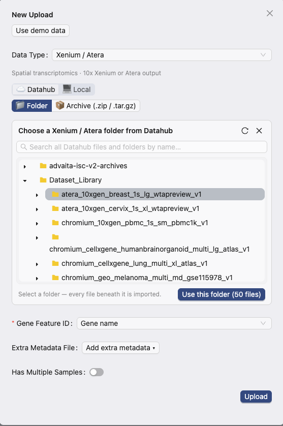 Create Study and Upload Data, step 8: Select files from DataHub