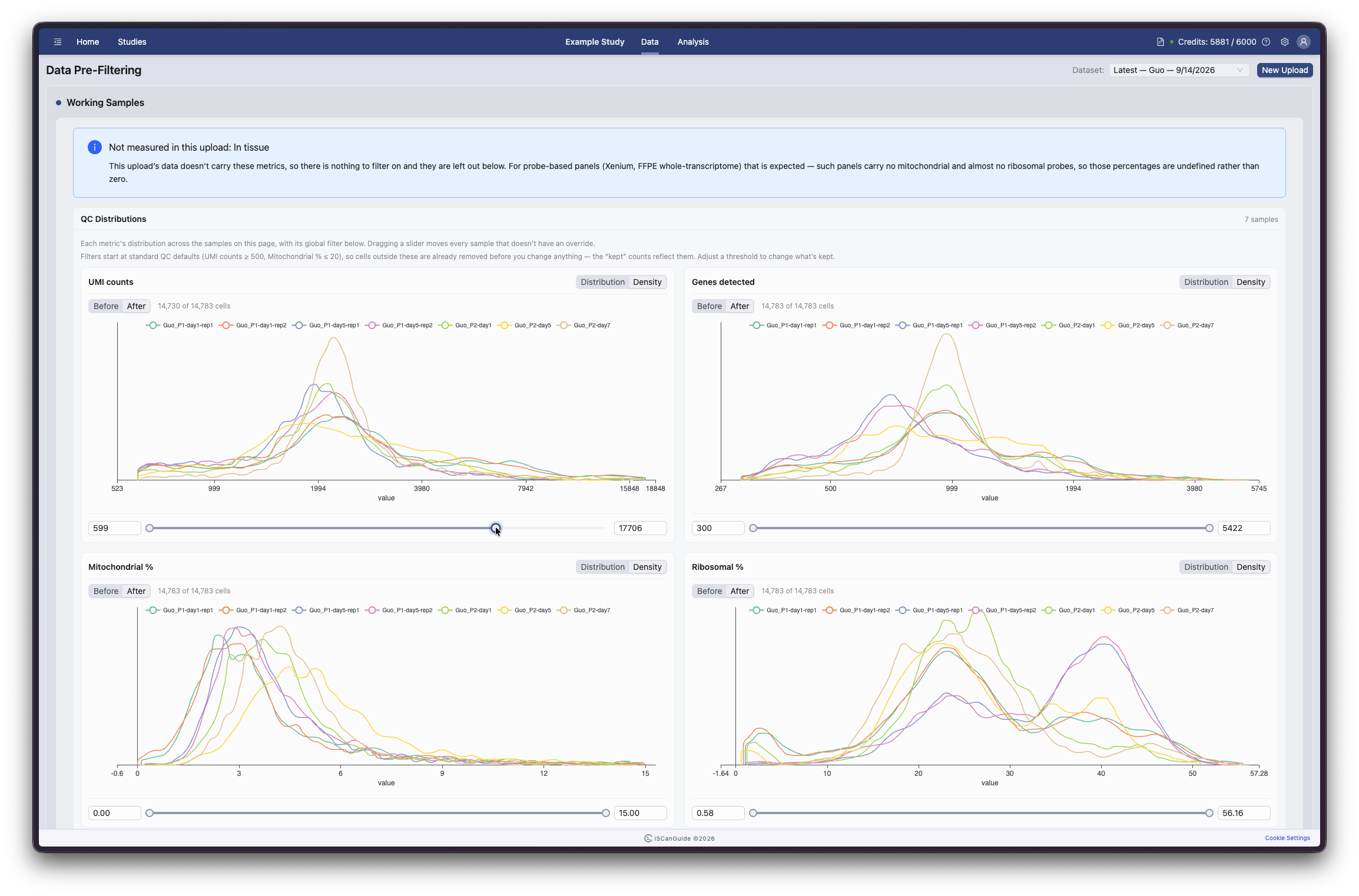 Create Study and Upload Data, step 15: Set filtering thresholds