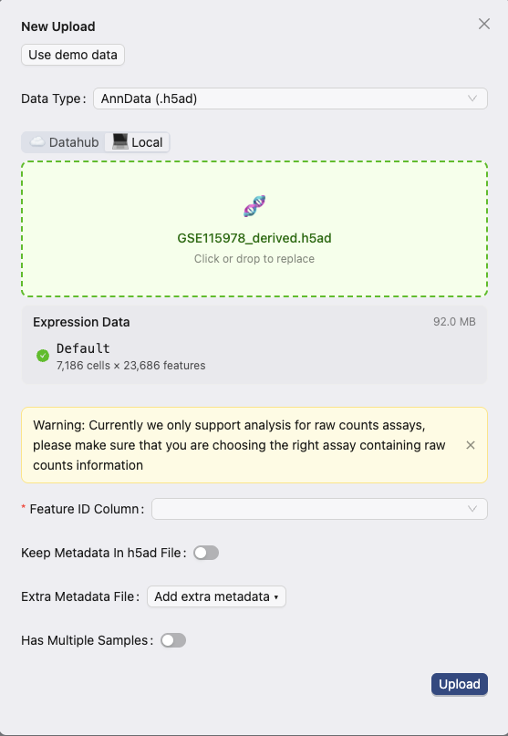 Create Study and Upload Data, step 7: Upload files from your computer