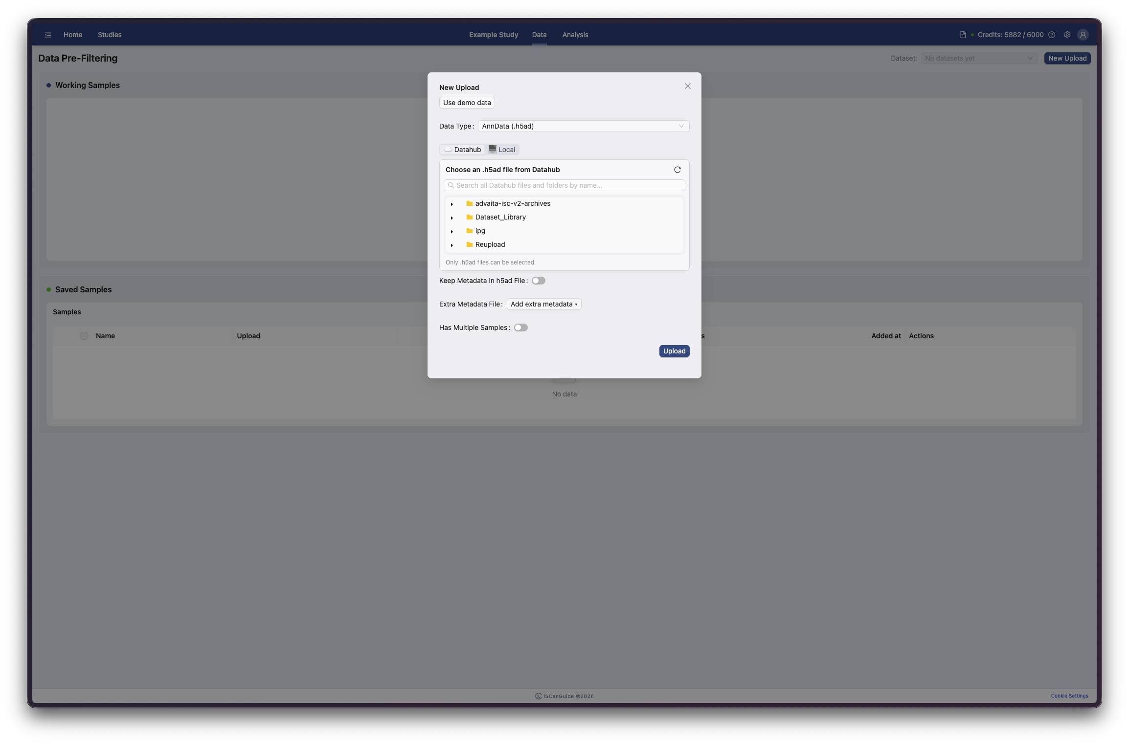 Create Study and Upload Data, step 4: Start an upload