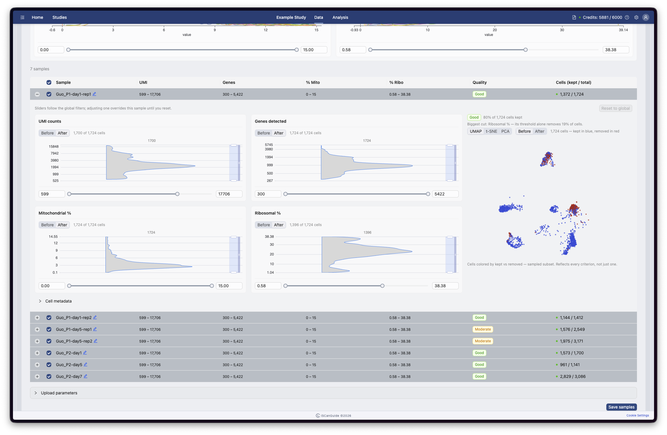 Create Study and Upload Data, step 16: Sample quality