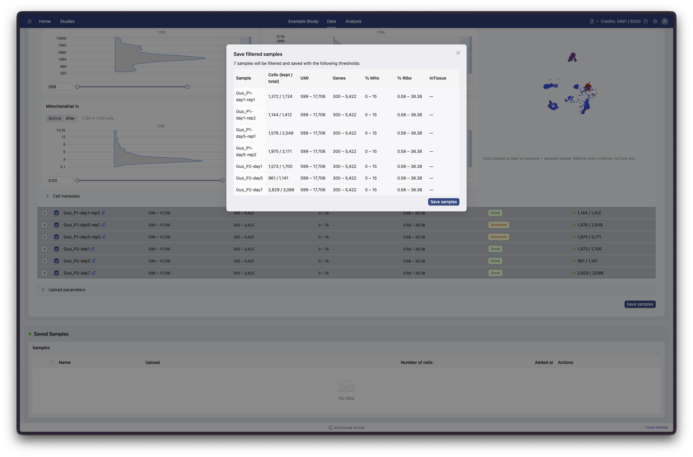 Create Study and Upload Data, step 18: Save filtered samples