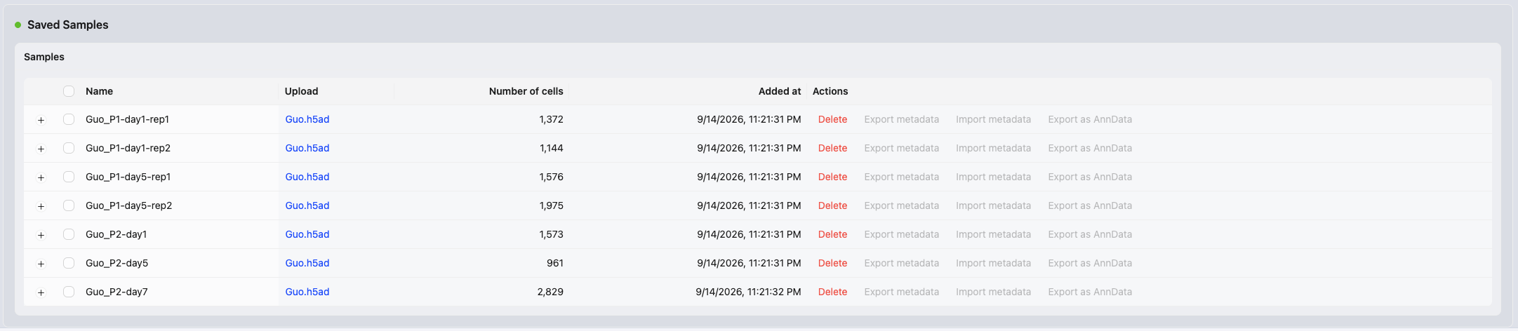 Create Study and Upload Data, step 19: Saved samples